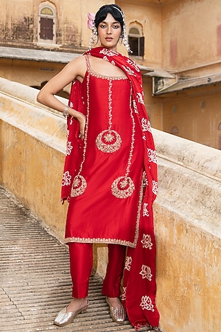 Red Silk Chanderi Embroidered Kurta Set by Pink City By Sarika