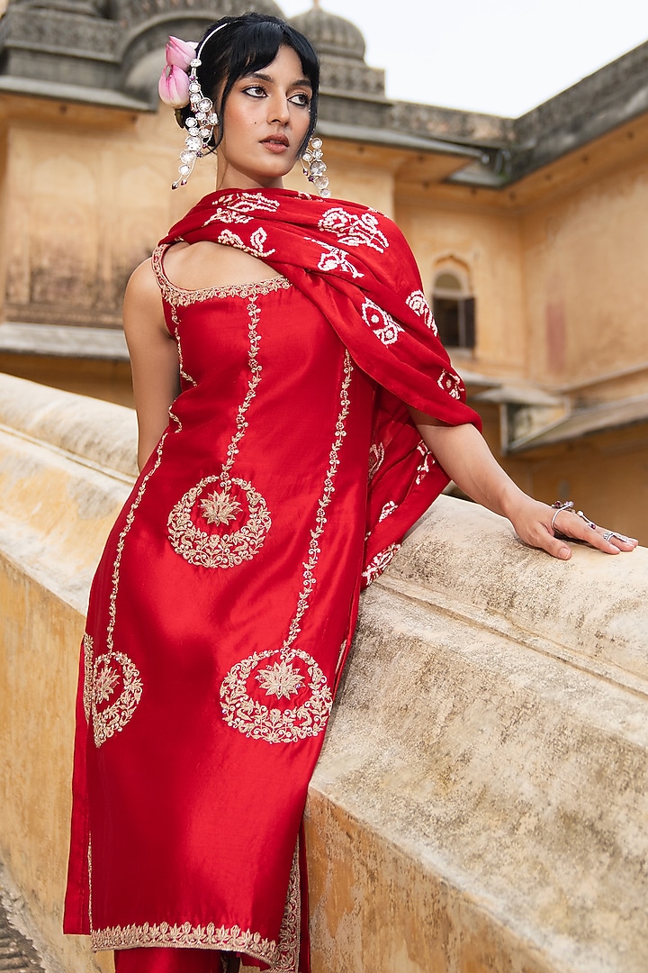 Red Silk Chanderi Embroidered Kurta Set by Pink City By Sarika at Pernia's Pop Up Shop