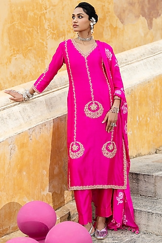 Rani Pink Silk Chanderi Embroidered Kurta Set by Pink City By Sarika