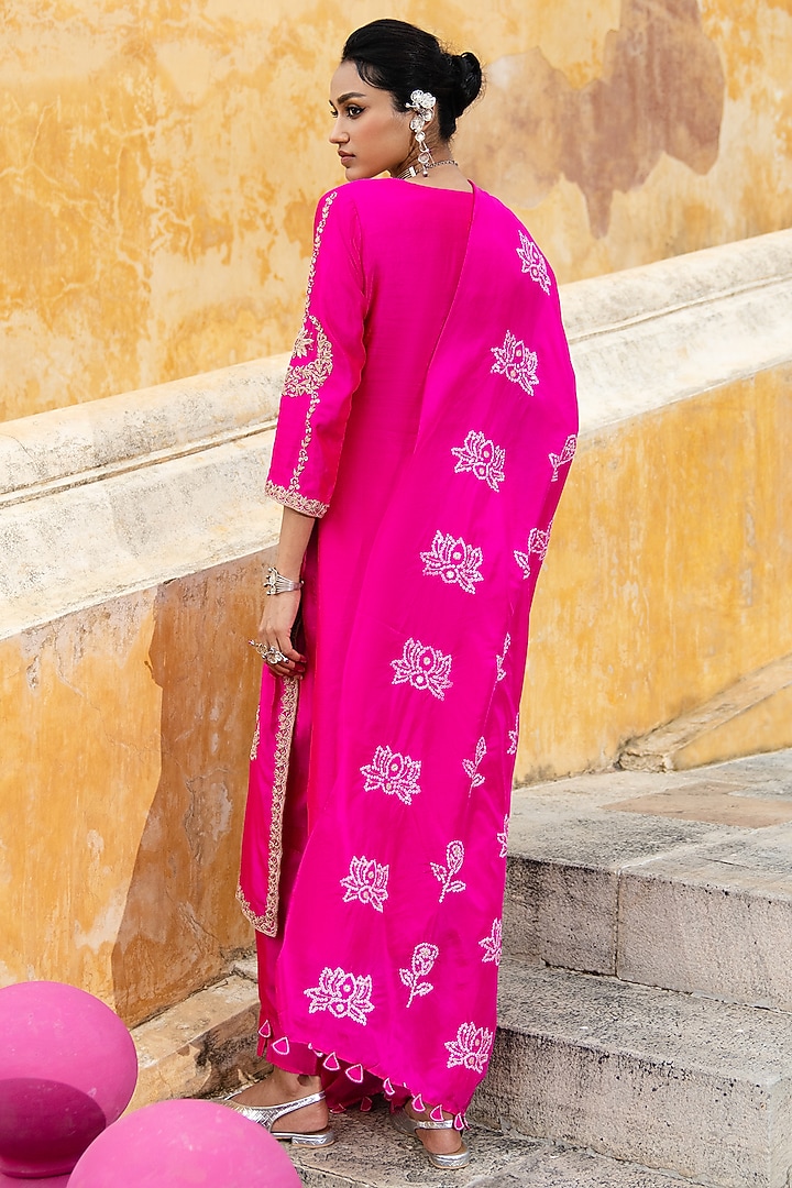 Rani Pink Silk Chanderi Embroidered Kurta Set by Pink City By Sarika at Pernia's Pop Up Shop