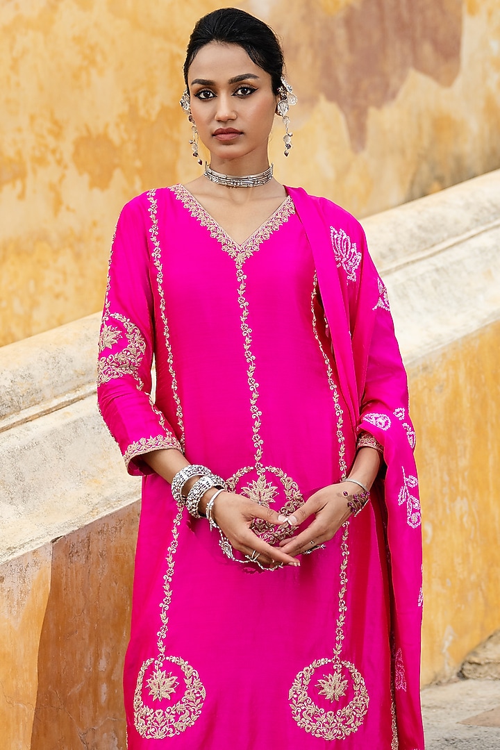 Rani Pink Silk Chanderi Embroidered Kurta Set by Pink City By Sarika at Pernia's Pop Up Shop
