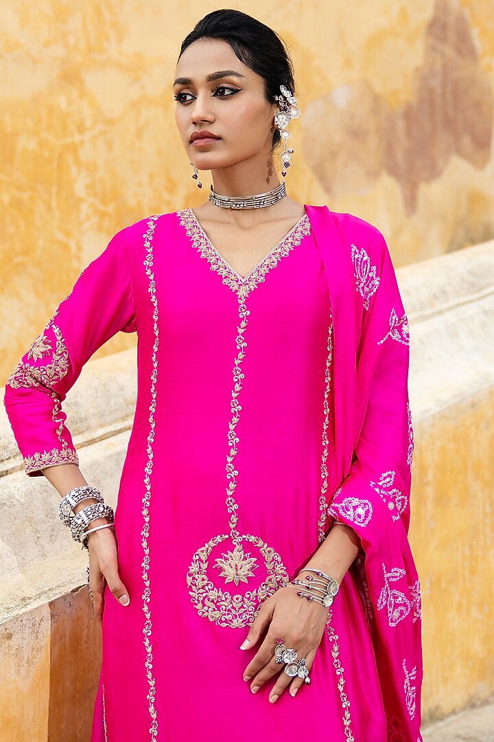 Rani Pink Silk Chanderi Embroidered Kurta Set by Pink City By Sarika at Pernia's Pop Up Shop