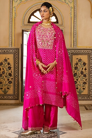 Rani Pink Silk Chanderi Embroidered Kurta Set by Pink City By Sarika