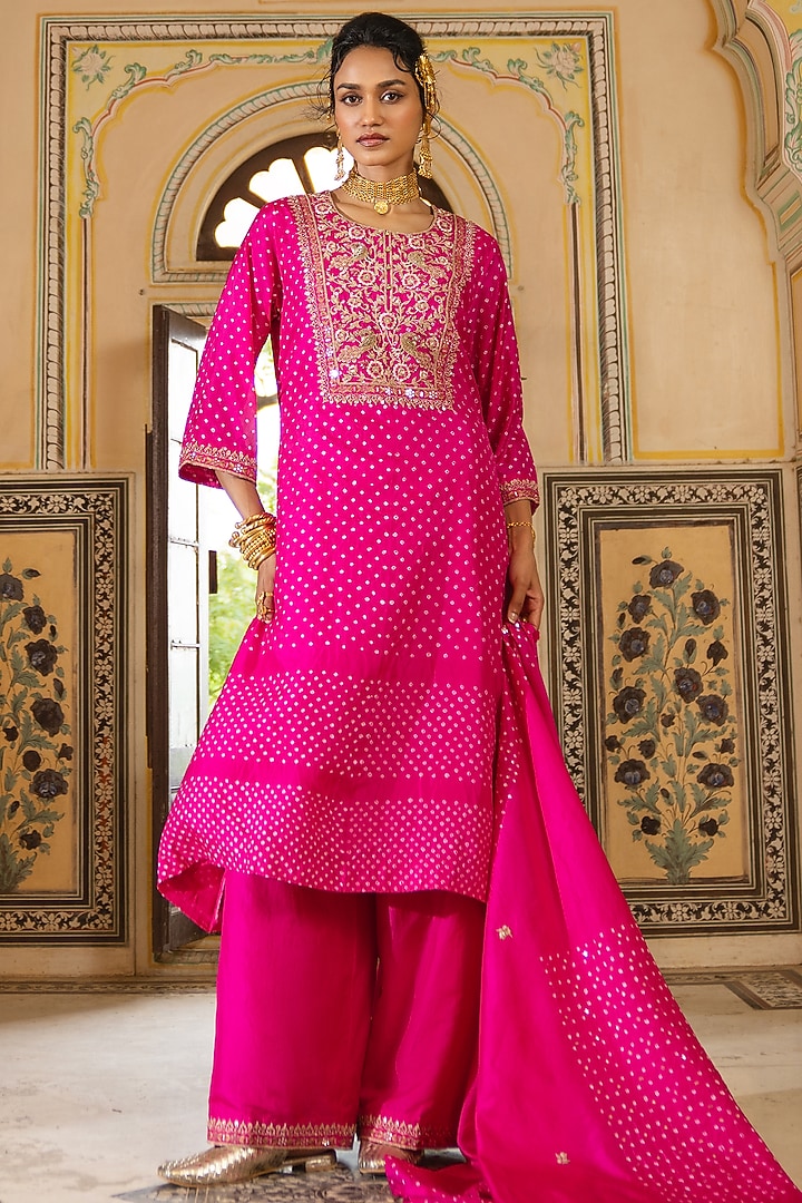 Rani Pink Silk Chanderi Embroidered Kurta Set by Pink City By Sarika at Pernia's Pop Up Shop