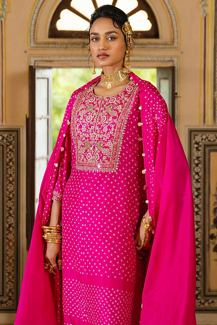 Rani Pink Silk Chanderi Embroidered Kurta Set by Pink City By Sarika at Pernia's Pop Up Shop