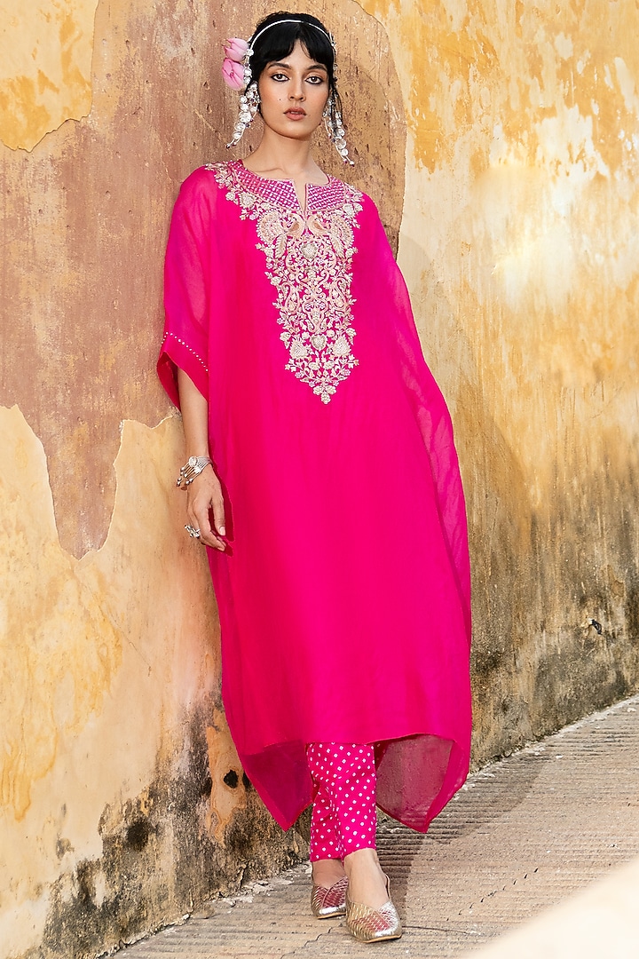 Rani Pink Silk Embroidered Kaftan Set by Pink City By Sarika at Pernia's Pop Up Shop