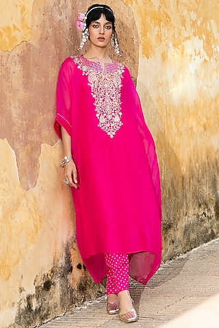 Rani Pink Silk Embroidered Kaftan Set by Pink City By Sarika