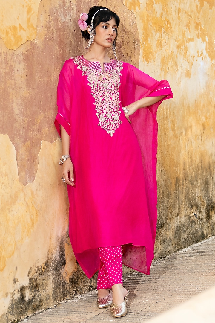 Rani Pink Silk Embroidered Kaftan Set by Pink City By Sarika at Pernia's Pop Up Shop