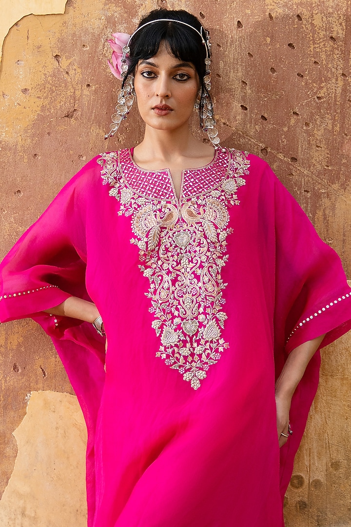 Rani Pink Silk Embroidered Kaftan Set by Pink City By Sarika at Pernia's Pop Up Shop