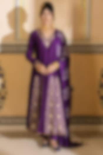 Purple Silk Chanderi & Gajji Silk Embroidered Kalidar Wedding Anarkali Set by Pink City By Sarika at Pernia's Pop Up Shop