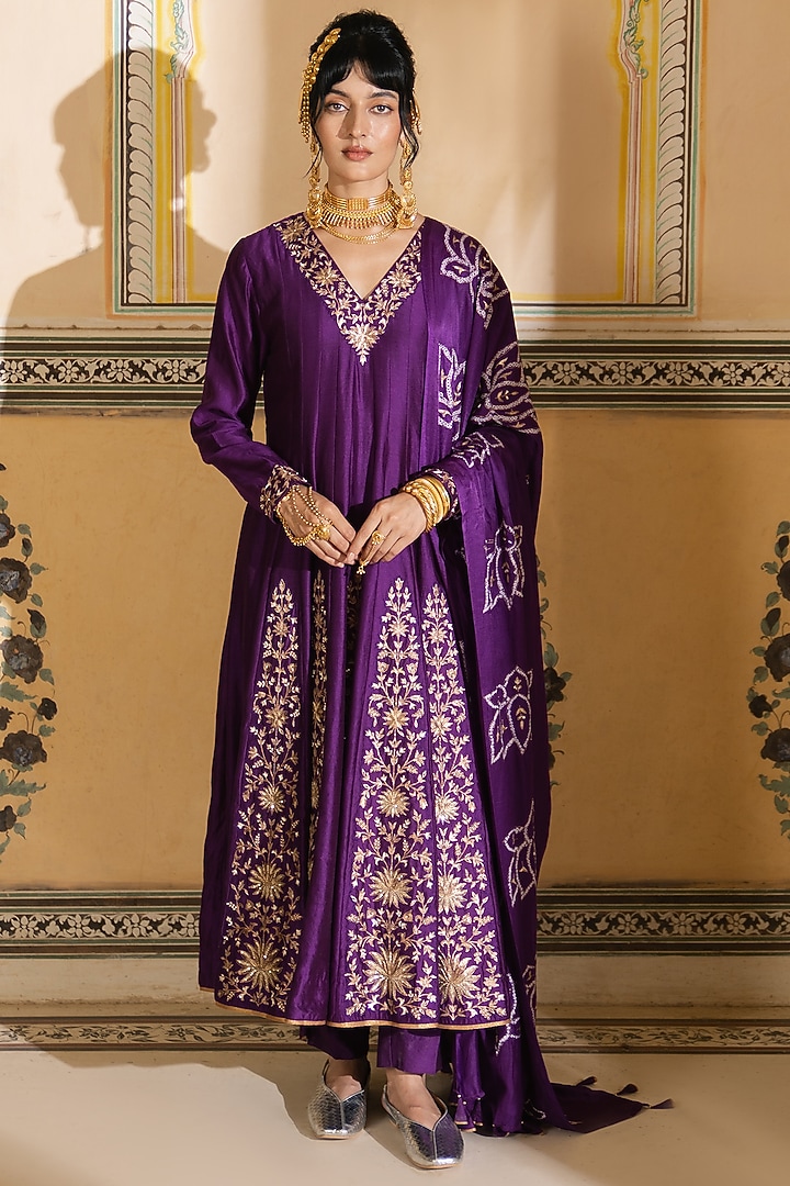 Purple Silk Chanderi & Gajji Silk Embroidered Kalidar Wedding Anarkali Set by Pink City By Sarika at Pernia's Pop Up Shop