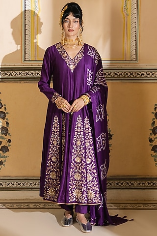 Purple Silk Chanderi & Gajji Silk Embroidered Kalidar Anarkali Set by Pink City By Sarika