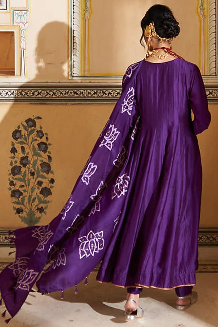Purple Silk Chanderi & Gajji Silk Embroidered Kalidar Wedding Anarkali Set by Pink City By Sarika at Pernia's Pop Up Shop