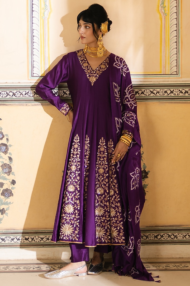 Purple Silk Chanderi & Gajji Silk Embroidered Kalidar Wedding Anarkali Set by Pink City By Sarika at Pernia's Pop Up Shop