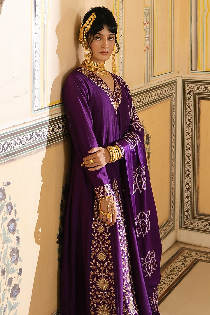Purple Silk Chanderi & Gajji Silk Embroidered Kalidar Wedding Anarkali Set by Pink City By Sarika at Pernia's Pop Up Shop