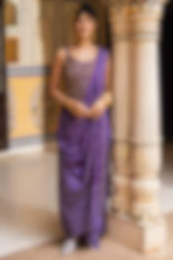 Purple Silk Bandhani Draped Wedding Saree Set by Pink City By Sarika at Pernia's Pop Up Shop