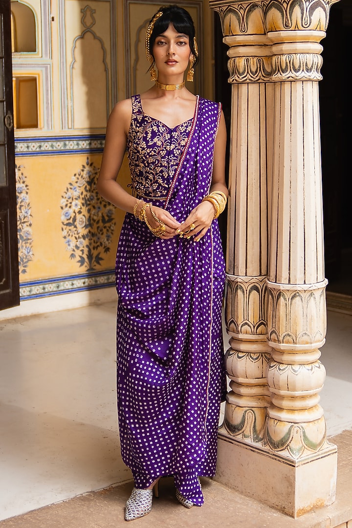 Purple Silk Bandhani Draped Wedding Saree Set by Pink City By Sarika at Pernia's Pop Up Shop