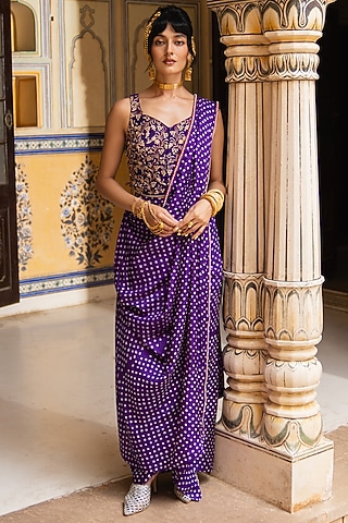 Purple Silk Bandhani Draped Saree Set by Pink City By Sarika