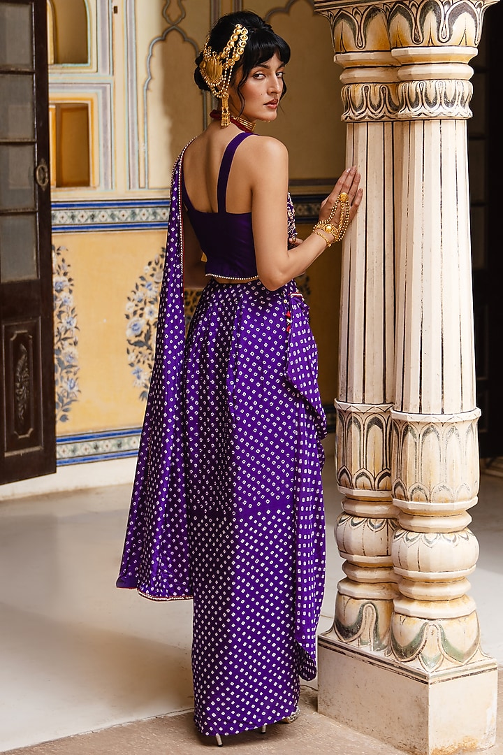 Purple Silk Bandhani Draped Wedding Saree Set by Pink City By Sarika at Pernia's Pop Up Shop