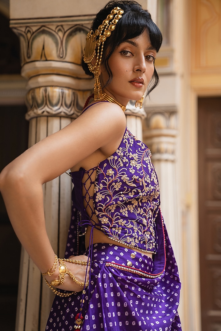 Purple Silk Bandhani Draped Wedding Saree Set by Pink City By Sarika at Pernia's Pop Up Shop