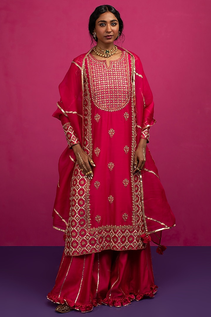 Pink Silk Chanderi Wedding Sharara Set by Pink City By Sarika at Pernia's Pop Up Shop