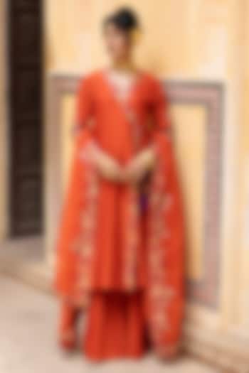 Rust Orange Silk Chanderi Embroidered Angrakha Set by Pink City By Sarika at Pernia's Pop Up Shop