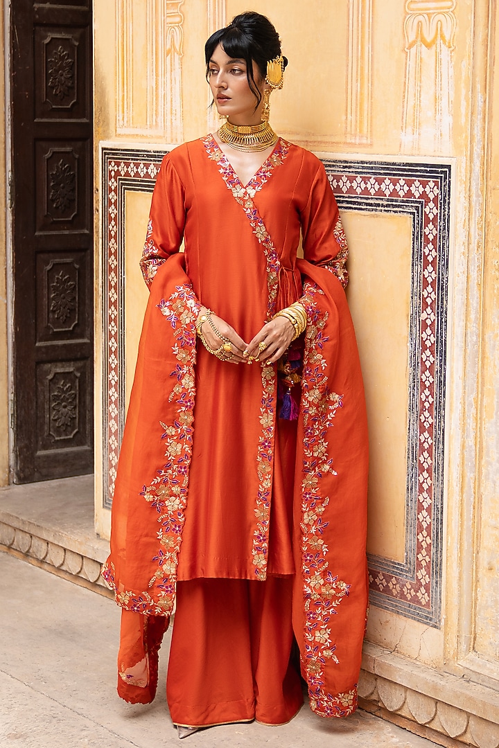 Rust Orange Silk Chanderi Embroidered Angrakha Set by Pink City By Sarika at Pernia's Pop Up Shop