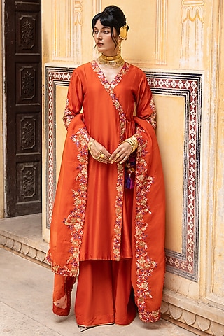 Rust Orange Silk Chanderi Embroidered Angrakha Set by Pink City By Sarika
