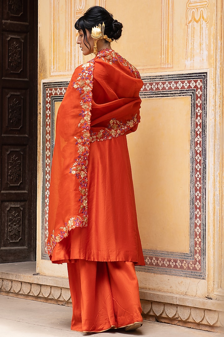 Rust Orange Silk Chanderi Embroidered Angrakha Set by Pink City By Sarika at Pernia's Pop Up Shop