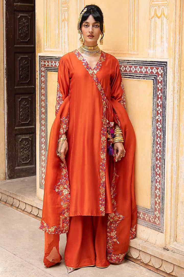 Rust Orange Silk Chanderi Embroidered Angrakha Set by Pink City By Sarika at Pernia's Pop Up Shop