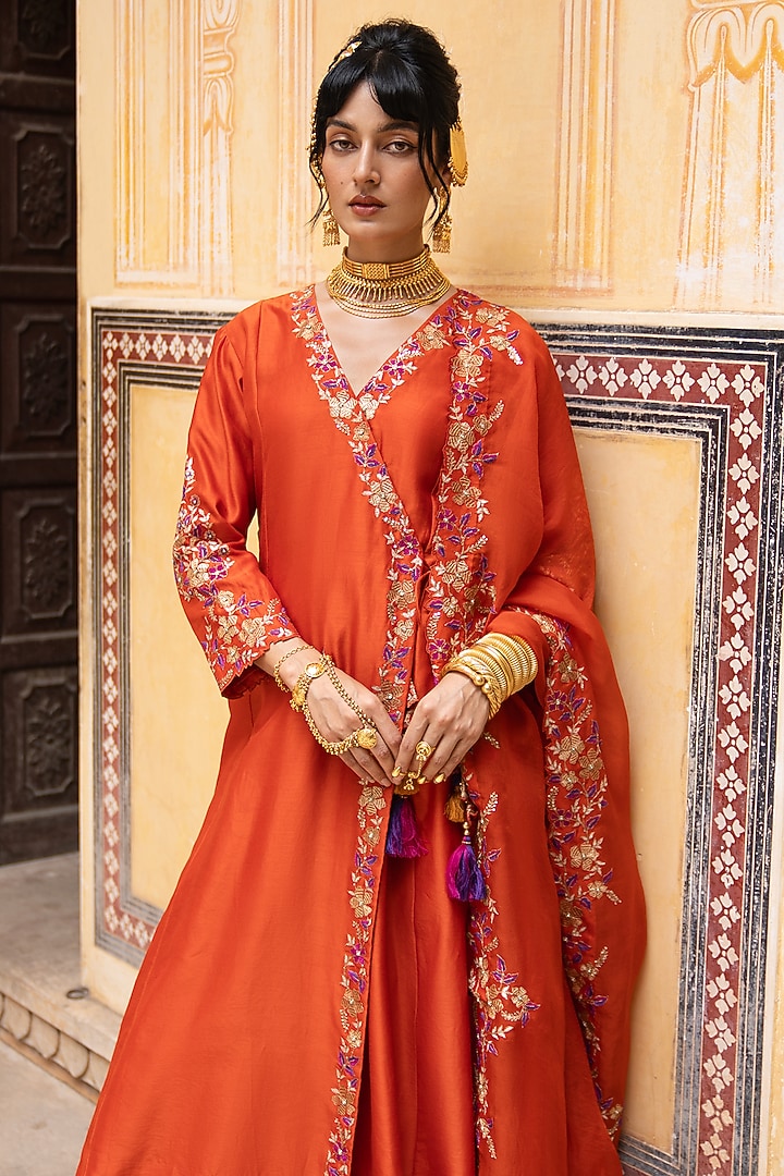 Rust Orange Silk Chanderi Embroidered Angrakha Set by Pink City By Sarika at Pernia's Pop Up Shop