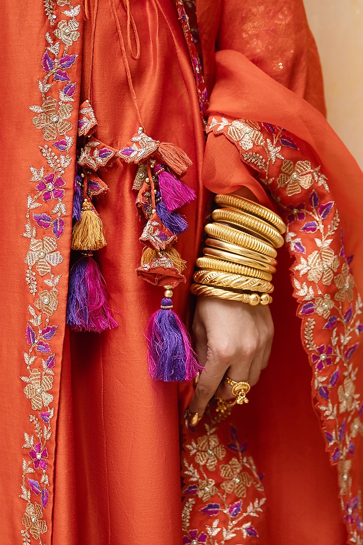 Rust Orange Silk Chanderi Embroidered Angrakha Set by Pink City By Sarika at Pernia's Pop Up Shop