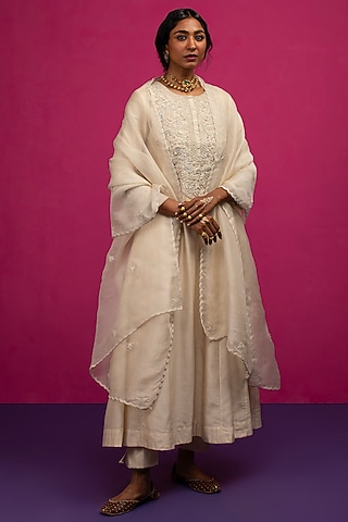 Ivory Silk Chanderi Pearl Embroidered Anarkali Set by Pink City By Sarika