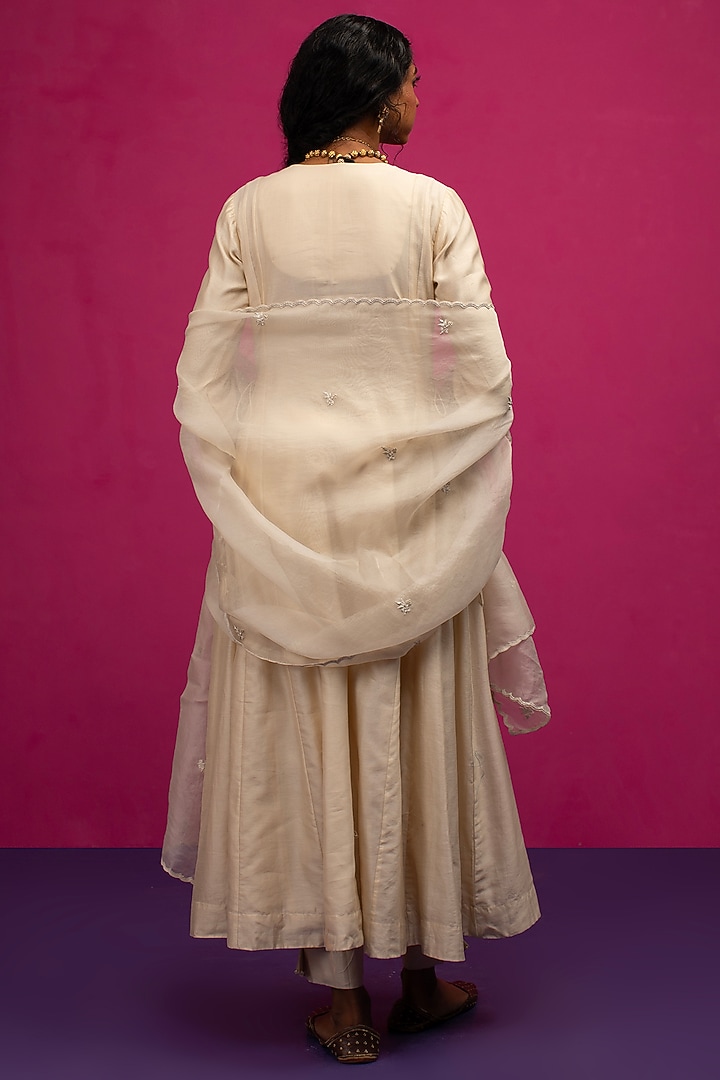 Ivory Silk Chanderi Pearl Embroidered Wedding Anarkali Set by Pink City By Sarika at Pernia's Pop Up Shop