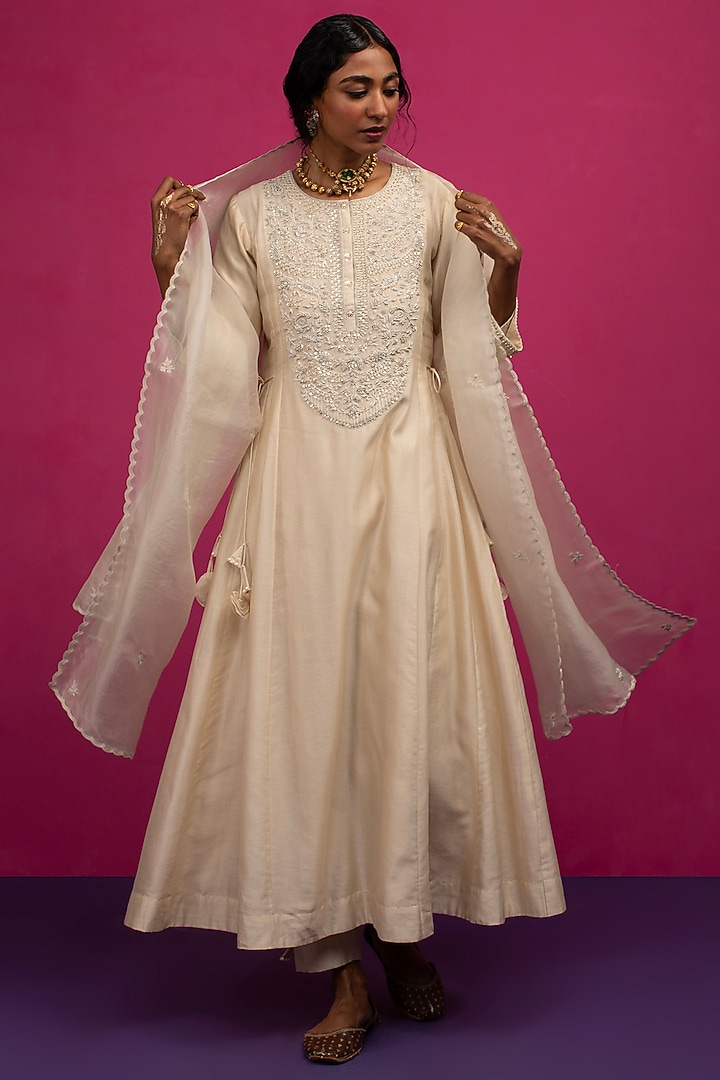 Ivory Silk Chanderi Pearl Embroidered Wedding Anarkali Set by Pink City By Sarika at Pernia's Pop Up Shop