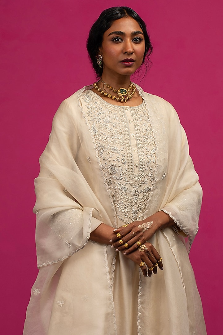 Ivory Silk Chanderi Pearl Embroidered Wedding Anarkali Set by Pink City By Sarika at Pernia's Pop Up Shop