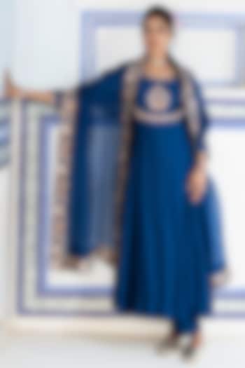 Blue Silk Chanderi Embroidered Wedding Anarkali Set by Pink City By Sarika at Pernia's Pop Up Shop