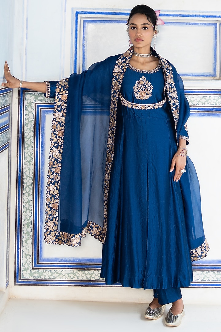 Blue Silk Chanderi Embroidered Wedding Anarkali Set by Pink City By Sarika at Pernia's Pop Up Shop