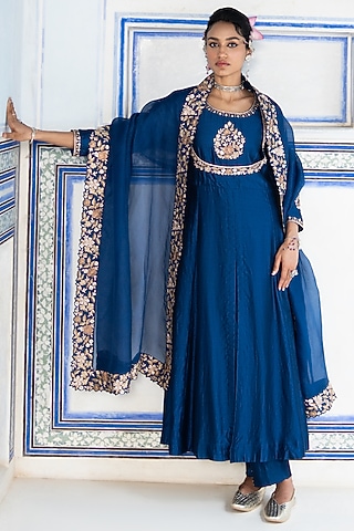 Blue Silk Chanderi Embroidered Anarkali Set by Pink City By Sarika