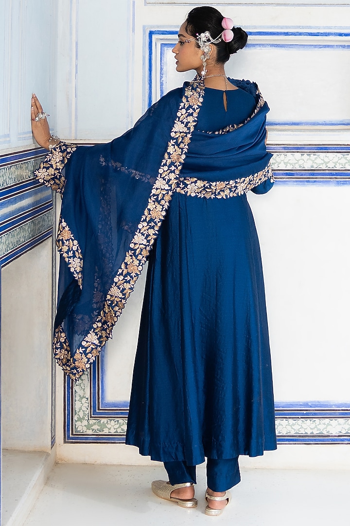 Blue Silk Chanderi Embroidered Wedding Anarkali Set by Pink City By Sarika at Pernia's Pop Up Shop