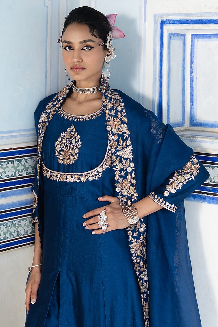 Blue Silk Chanderi Embroidered Wedding Anarkali Set by Pink City By Sarika at Pernia's Pop Up Shop