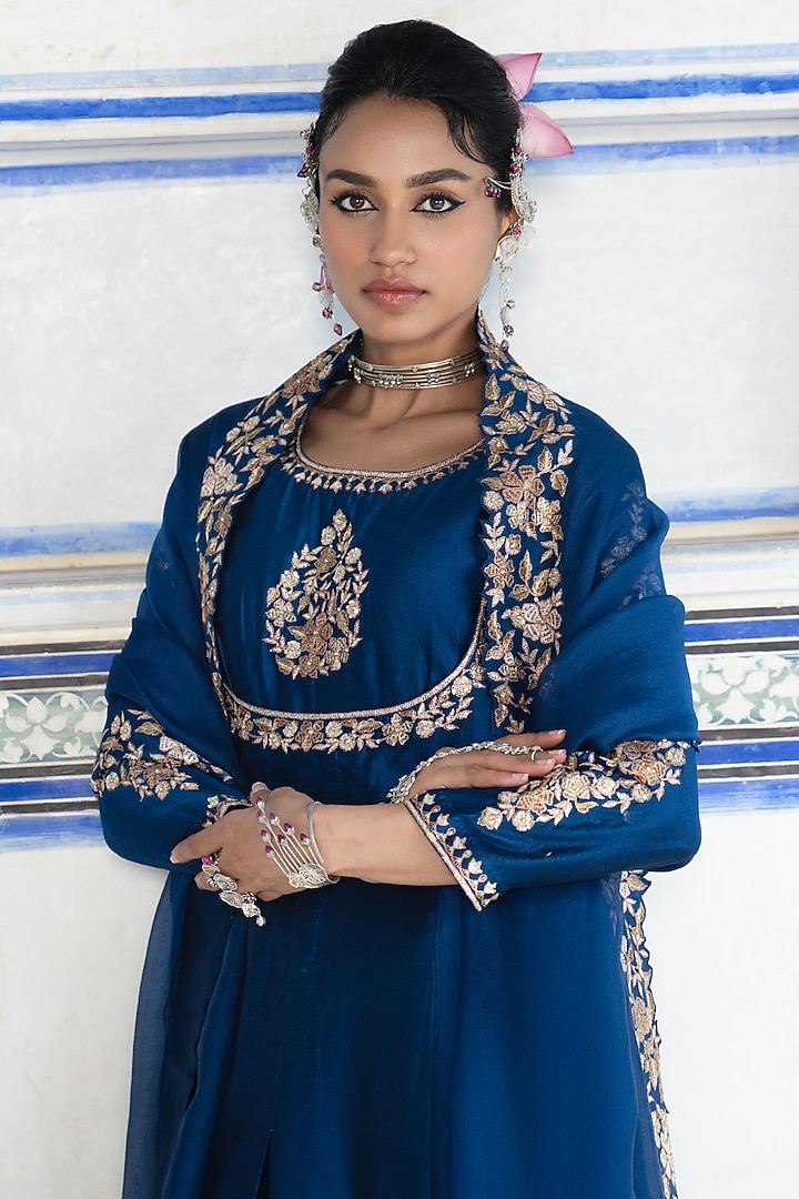 Blue Silk Chanderi Embroidered Wedding Anarkali Set by Pink City By Sarika at Pernia's Pop Up Shop