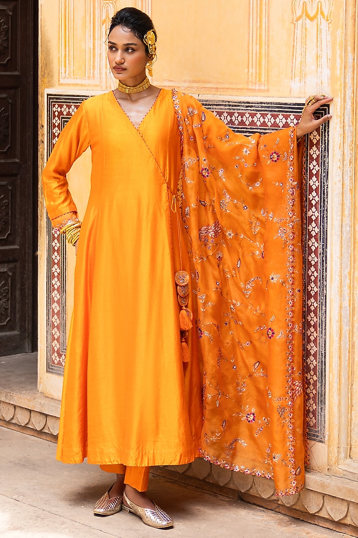 Kesariya Silk Chanderi Angrakha Set by Pink City By Sarika at Pernia's Pop Up Shop