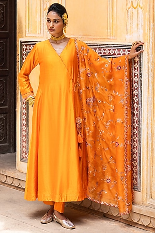 Kesariya Silk Chanderi Angrakha Set by Pink City By Sarika
