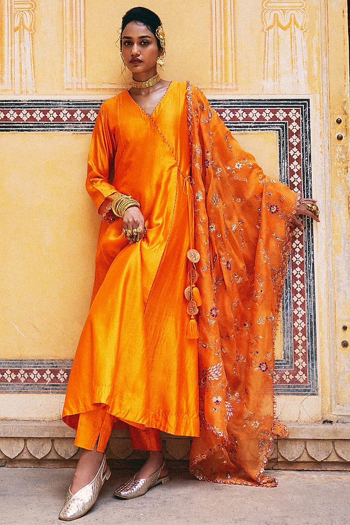 Kesariya Silk Chanderi Angrakha Set by Pink City By Sarika at Pernia's Pop Up Shop
