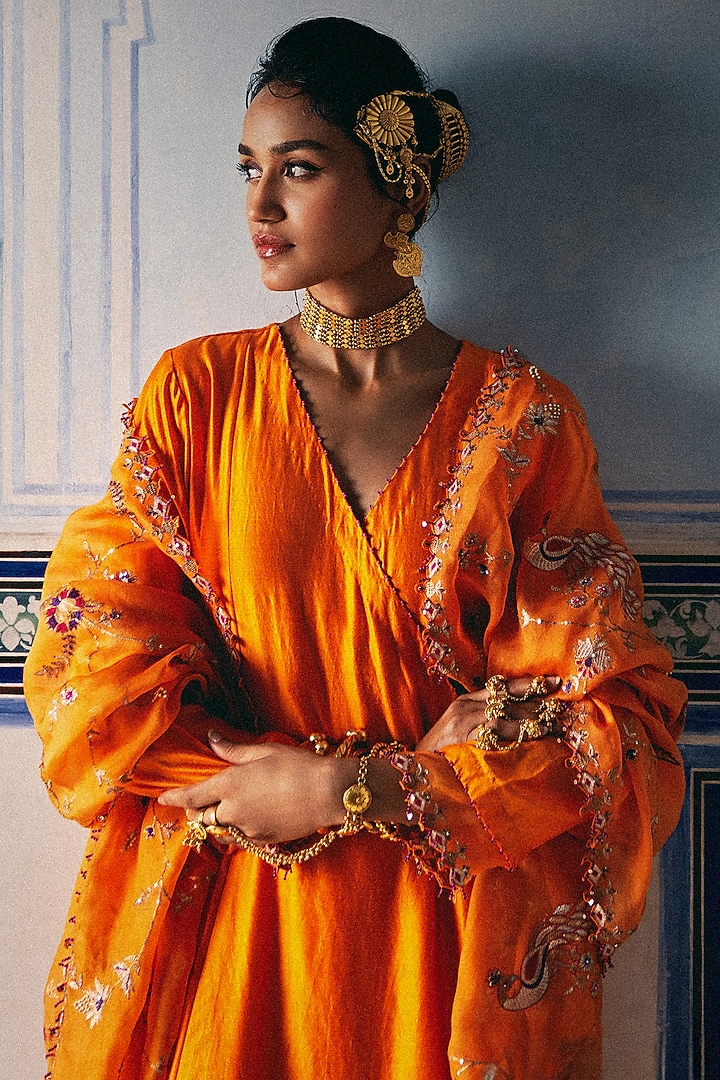 Kesariya Silk Chanderi Angrakha Set by Pink City By Sarika at Pernia's Pop Up Shop
