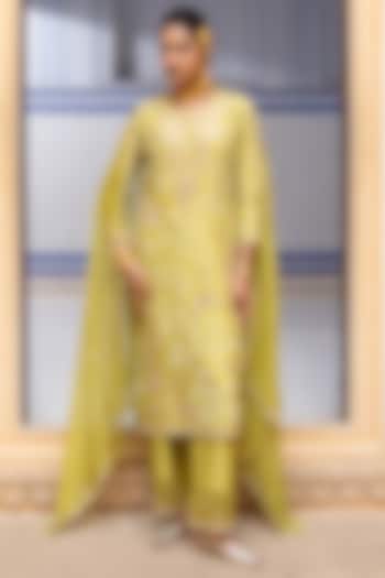 Lime Green Silk Chanderi Resham Work Kurta Set by Pink City By Sarika at Pernia's Pop Up Shop