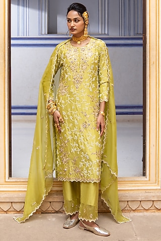 Lime Green Silk Chanderi Resham Work Kurta Set by Pink City By Sarika