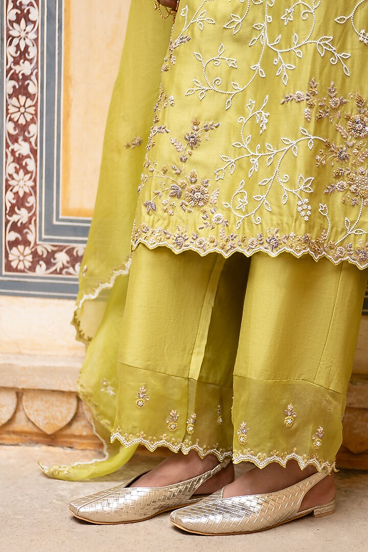 Lime Green Silk Chanderi Resham Work Kurta Set by Pink City By Sarika at Pernia's Pop Up Shop
