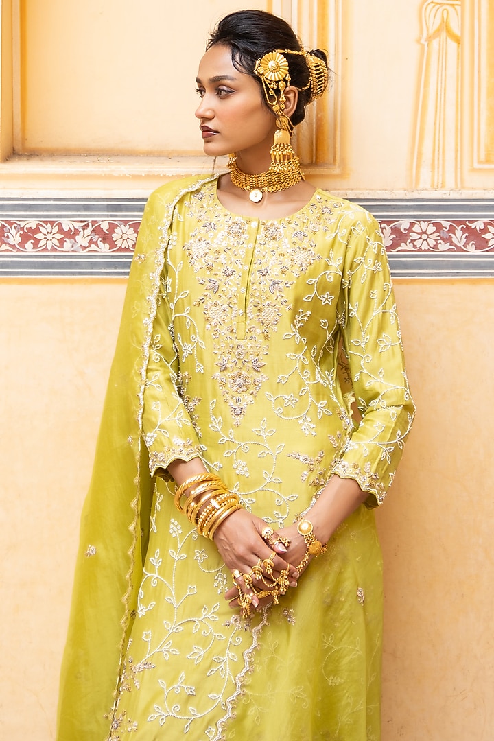 Lime Green Silk Chanderi Resham Work Kurta Set by Pink City By Sarika at Pernia's Pop Up Shop